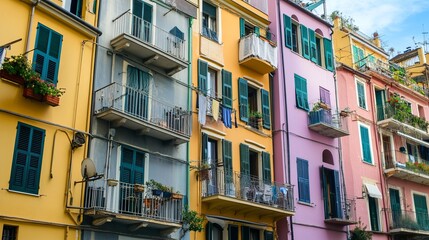 Naklejka premium Colorful apartment buildings with balconies and shutters