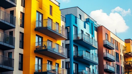 Obraz premium Colorful apartment buildings with balconies under a partly cloudy sky
