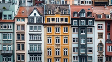 Colorful European apartment buildings, tightly packed, various architectural styles