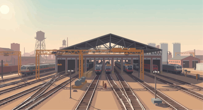 A large train depot with multiple locomotives and train cars.