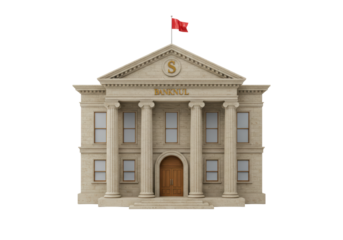 Isolated bank building, neoclassical architecture with Greek columns and a red flag, facade
