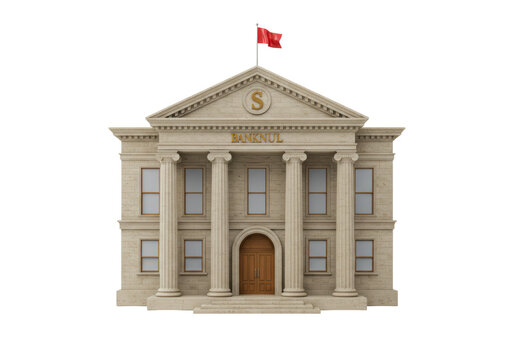 Isolated bank building, neoclassical architecture with Greek columns and a red flag, facade