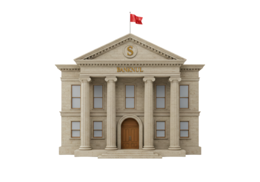 Isolated bank building, neoclassical architecture with Greek columns and a red flag, facade