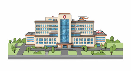 Naklejka premium Detailed illustration of a modern hospital complex with ambulance and helicopter.