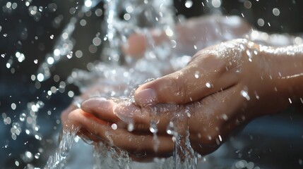 Fototapeta premium Hands catching fresh flowing water for cleansing and purity