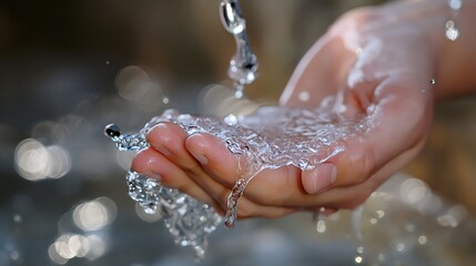 Hands catching fresh flowing water for cleansing and purity