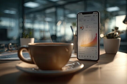 Smartphone displaying stock chart, beside coffee cup