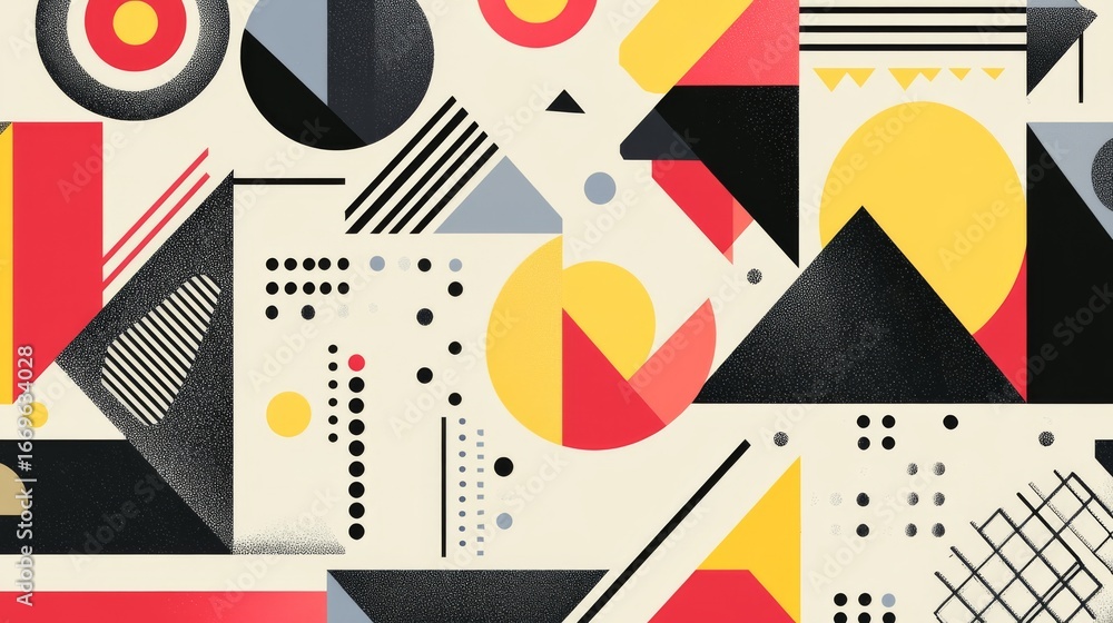 Poster bold and modern seamless pattern featuring a variety of geometric shapes such as triangles, squares,
