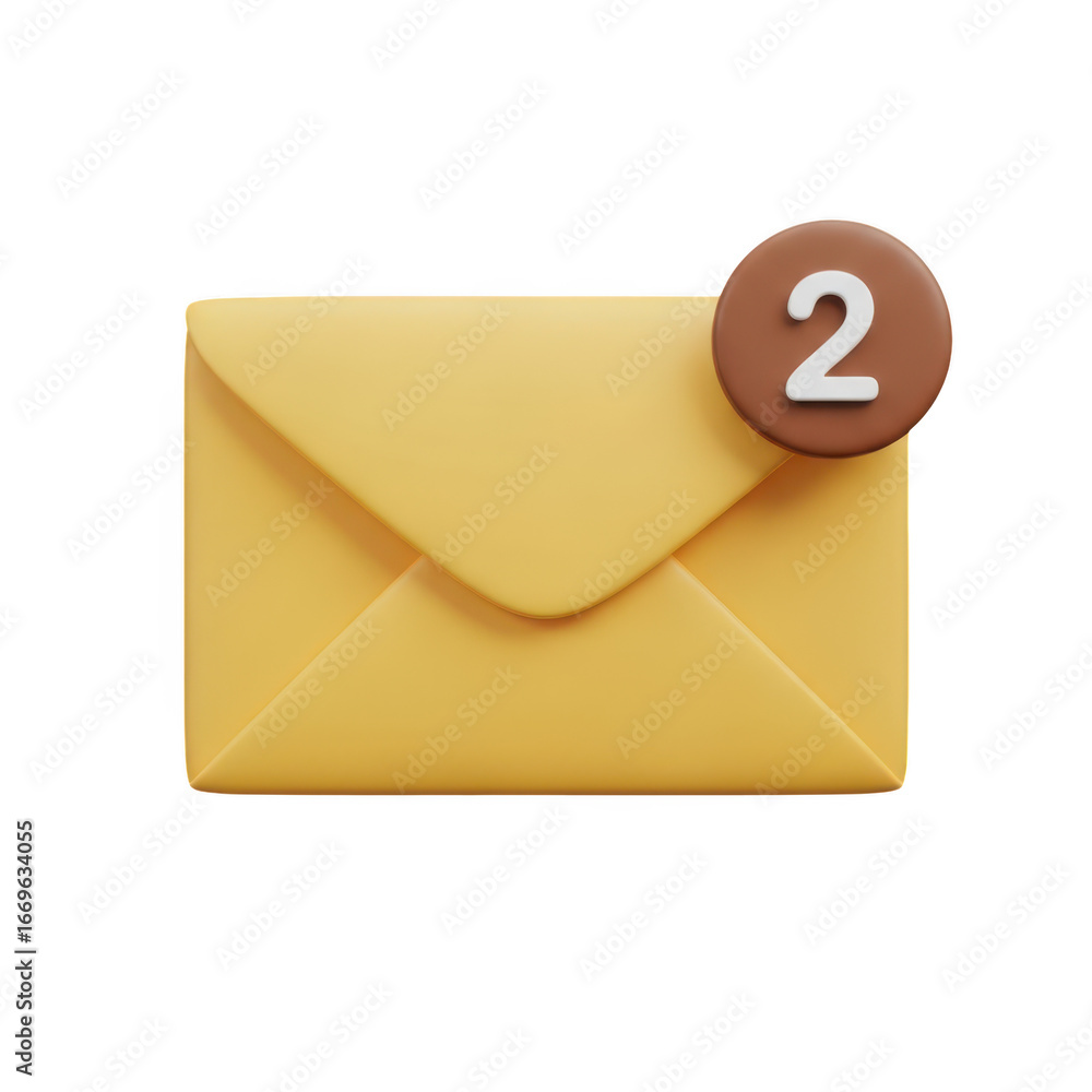 Poster 3d illustration of a yellow envelope with a notification bubble showing the number 2, isolated on tr