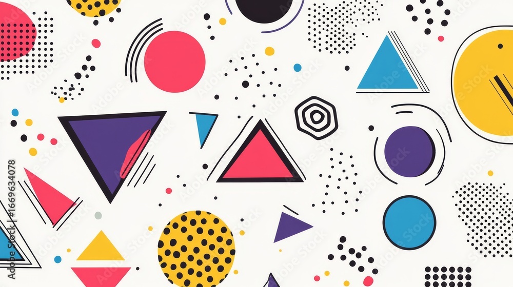 Poster bold and modern seamless pattern featuring a variety of geometric shapes such as triangles, squares,