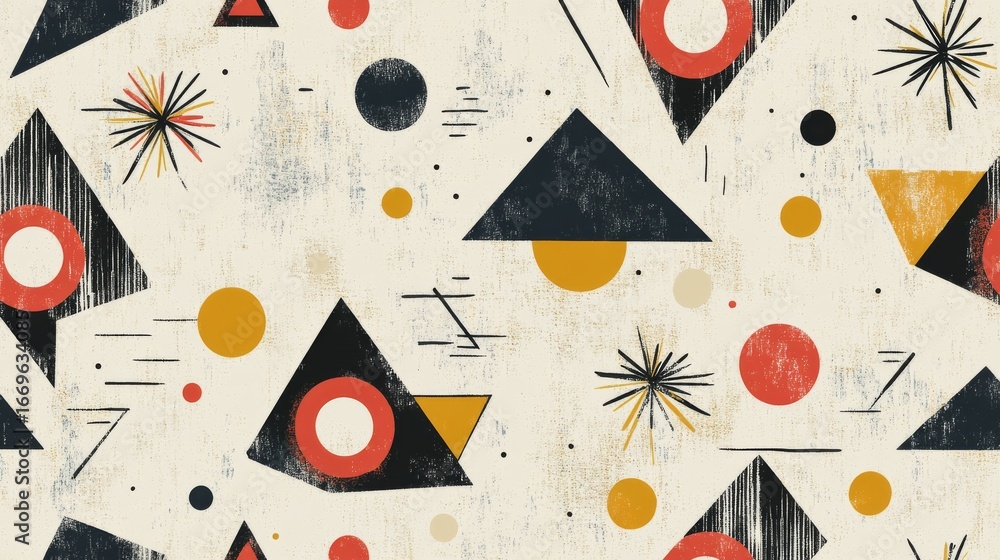Poster bold and modern seamless pattern featuring a variety of geometric shapes such as triangles, squares,