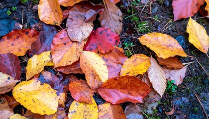 A vibrant display of fallen autumn leaves, showcasing a rich tapestry of warm hues and textures on the dark earth.