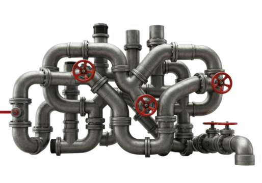 Isolated industrial pipes manifold with valves, complex plumbing system, pipe fitting metalwork