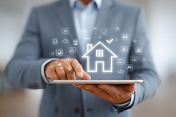 Businessman interacts with digital house icon on tablet