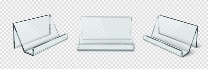 Card holder stand with transparent acrylic construction and stable base for business card or brochure display. desktop organizer design in different angles with slot opening and clear material finish.