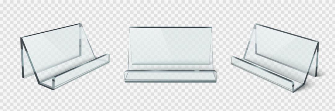Card holder stand with transparent acrylic construction and stable base for business card or brochure display. desktop organizer design in different angles with slot opening and clear material finish.