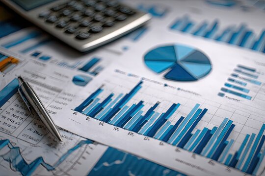 Business documents with graphs, charts, and a calculator