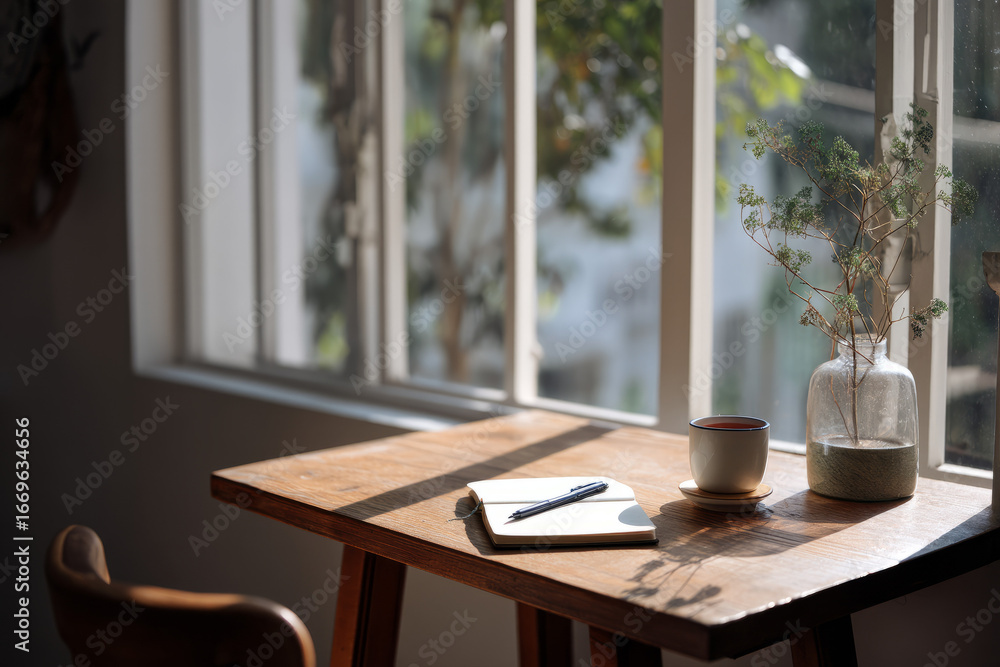 Poster a minimalist studio with a simple desk by the window a notepad, pen, and cup of tea are neatly arran
