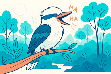 Fototapeta premium Cartoon-style laughing kookaburra bird perched on a tree branch in a colorful forest with stylized trees and light background concept illustration. Ai generative
