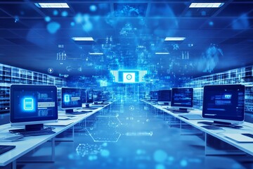 Futuristic server room with glowing data visualizations