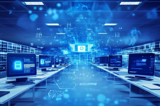 Futuristic server room with glowing data visualizations