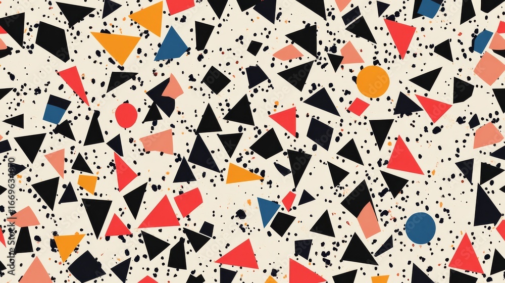 Poster Bold and modern seamless pattern featuring a variety of geometric shapes such as triangles, squares, and circles. The design uses clean lines and bright colors, creating a dynamic yet balanced composi