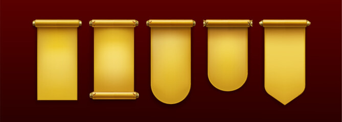 Chinese scroll paper set with golden banners and decorative handles for royal announcements. Traditional blank parchments with rectangular, rounded and pointed edges. Ceremony templates for messages