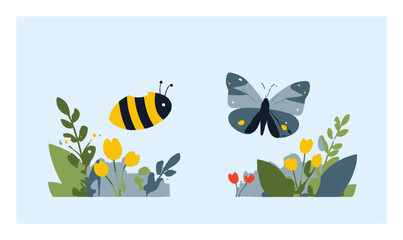 Colorful Cartoon Scene with Bee and Butterfly Among Flowers and Plants
