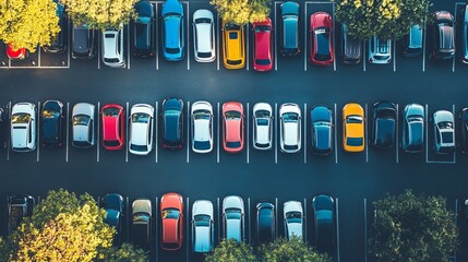 High-angle view of a parking lot filled with various colored cars. Trees are visible along the edges