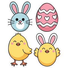 Cute Easter chicks bunny eggs set vector illustration on white background