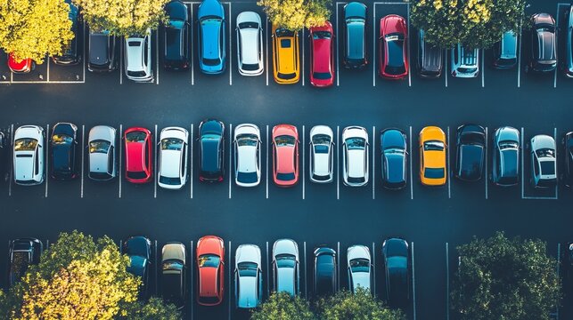 High-angle view of a parking lot filled with various colored cars. Trees are visible along the edges
