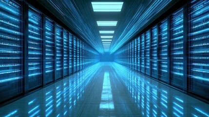Server room corridor with rows of glowing blue servers, reflected in a shiny floor under bright lights