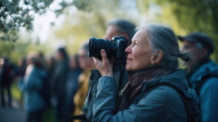 A senior Caucasian woman with gray hair holds a camera, focused on capturing a moment. A crowd of diverse people is visible in the background, enjoying nature.