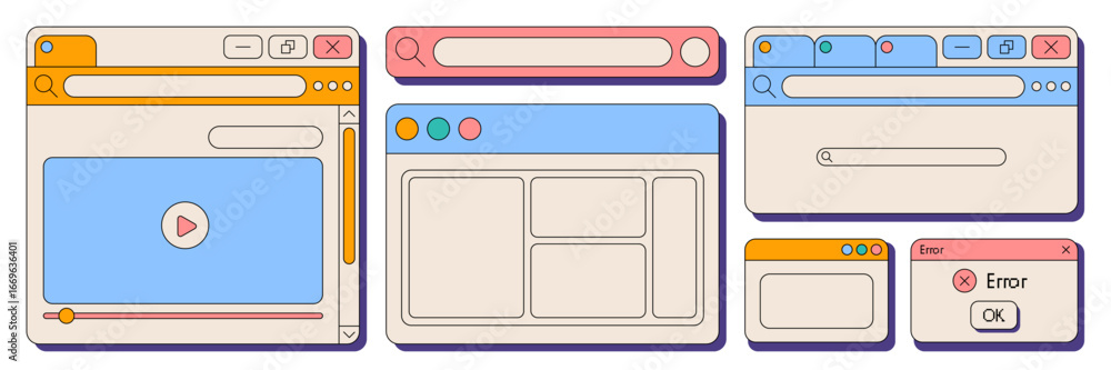 Aufkleber retro ui interface collection with colorful browser windows and dialog boxes for web design. vintage