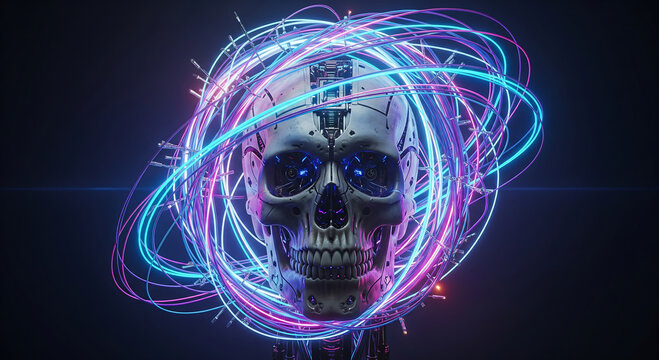 Cyberpunk skull with glowing neon rings and wires, futuristic, dark, robotic, artificial intelligence, technology