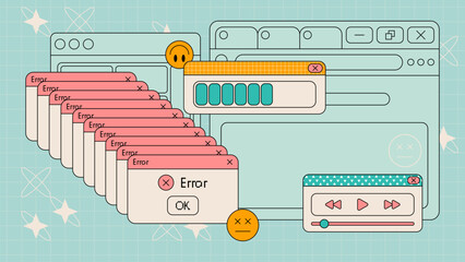 Retro UI interface with cascading error messages and browser windows for tech designs. Popups and loading bar, media player and emoticons on grid background. Vintage y2k computer illustration. © klyaksun