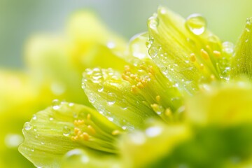 Close-up of vibrant yellow-green flower petals covered in dew drops