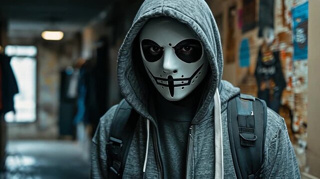 mysterious person wearing a white hacker mask and grey hoodie stands in a dimly lit urban hallway with intense gaze for cybercrime anonymity protest youth rebellion concept