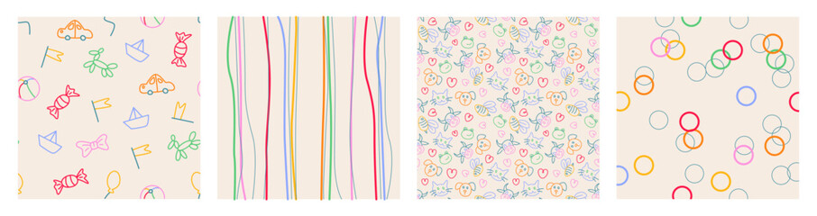 Kid rainbow school patterns with playful doodles and colorful designs for children materials. Car and candy, wavy stripes and circles, hearts and animal faces backgrounds. Cheerful seamless textures.