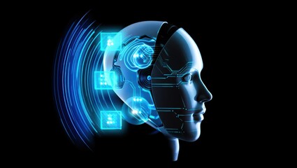 Futuristic robot head with blue digital interface and data stream
