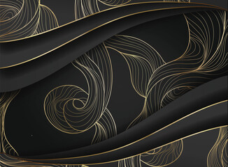Abstract black and gold lines luxury background. Golden waves template 3d
