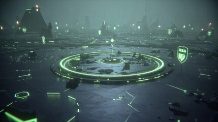 Cyberpunk city platform circular structure with neon green lights amidst a hazy cityscape