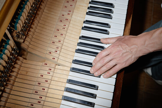 Caucasian male hand pressing piano keys, showing detailed view of fingers and instrument mechanism, emphasizing musical performance and tactile interaction with keyboard