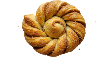 Golden pastry twists into a sugar-crusted wreath on black. Uses: food photography, recipe blogs, bakery promos, menus, holiday cards, digital art, prints.