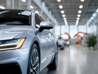 Silver car leaving automated assembly line in modern car factory