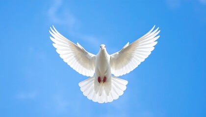 A pure white dove soars majestically against a vibrant, clear blue sky, its outstretched wings symbolizing freedom and peace.