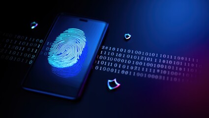 Smartphone with glowing fingerprint scanner and digital data stream