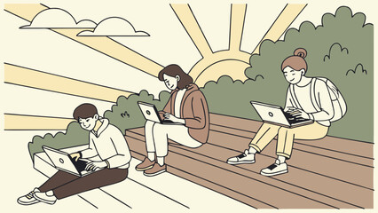 People Working Outdoors on Laptops in a Park Setting Illustration.