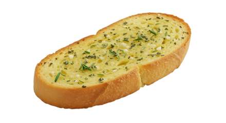 Golden toast shines. Food photo. Bread features garlic, herb toppings on crisp slice. Great for cafe posters, recipe blogs, food product promotion.