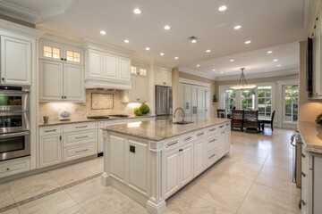 Luxurious modern white kitchen with large island and granite countertops illuminated by recessed lighting